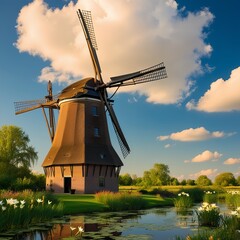 Ai generator dutch windmill in the country with cloudsky