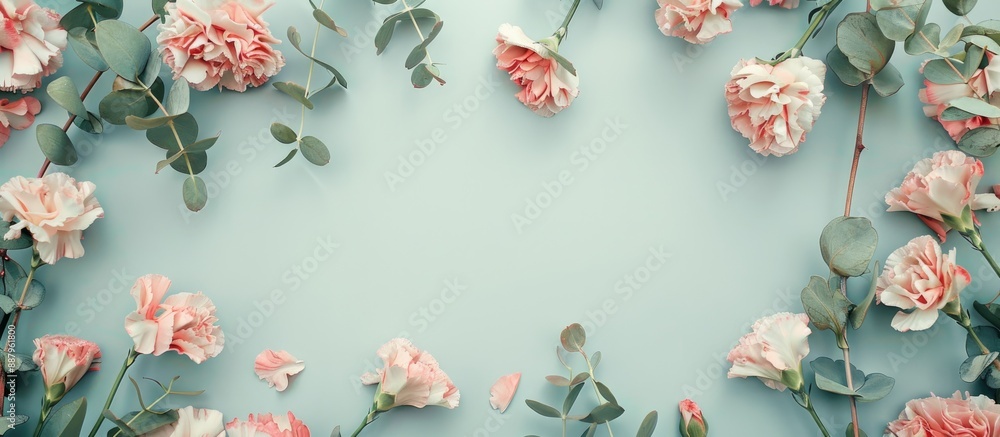 Aufkleber a square frame composed of pink carnation blooms fresh green eucalyptus twigs set against a pastel b
