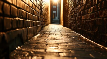 A mysterious, dimly lit alleyway in a sprawling metropolis, setting the scene for a thrilling mystery novel full of suspense and danger