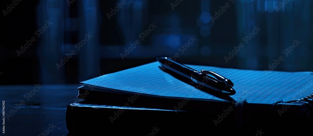 Poster classic blue toned background features a notebook and pen with a dark backdrop designed for text pla