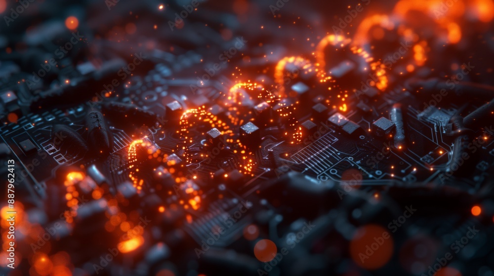 Poster a close-up shot of a futuristic microchip with glowing orange circuitry.