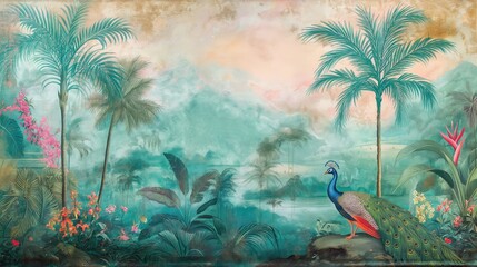 Vintage wallpaper of the jungle with vibrant peacocks, majestic rhinoceroses, and tall palm trees in pastel hues, showcasing an enchanting rainforest with exotic flowers and rolling hills. 