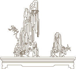 Vector silhouette illustration sketch, detailed design of bonsai ornamental flower plants in pots for indoor and garden interior decoration