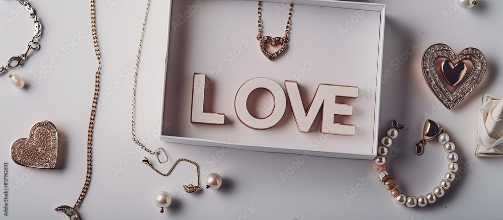 Poster a white background displaying alphabet letters forming the word love alongside jewelry in a box leav