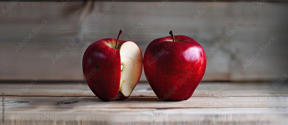 Poster apple split on wooden table with copy space image