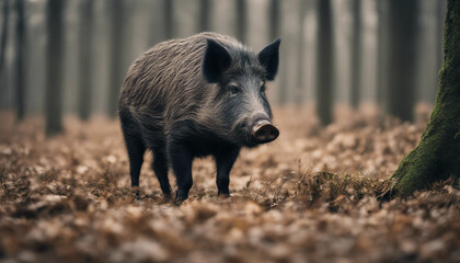 A wild boar foraging in the forest, overcast day
