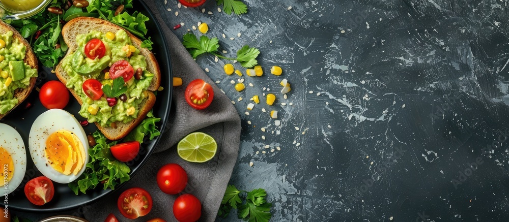 Poster nutritious breakfast consisting of a boiled egg guacamole toast and fresh salad with room for adding