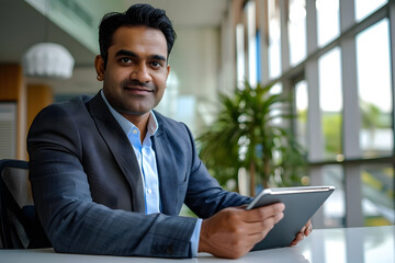 happy Indian mid age business man professional ceo using tablet computer, looking at camera at desk in the office