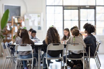 Obraz premium Community Learning: diverse students collaborating on language exercises and group activities, at minimalist classroom or library with natural lighting
