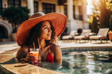 Biracial woman relaxing poolside with a drink, wearing a wide-brimmed hat, enjoying a sunny day at a luxurious resort.