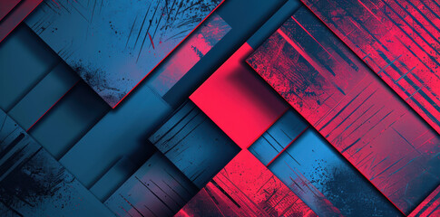 Geometric abstract design featuring overlapping blue and red panels with textured splatter effects
