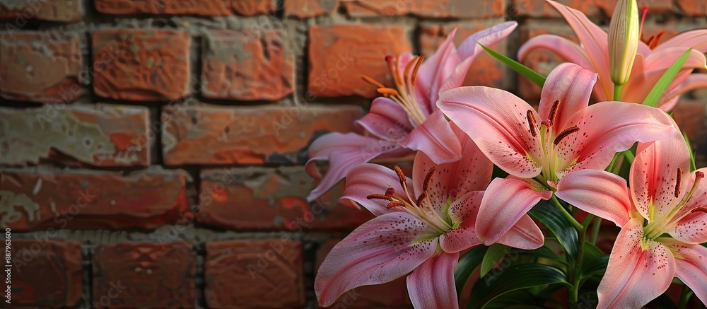 Poster lily flowers in full bloom by a brick wall with space for text or images. copy space image. place fo