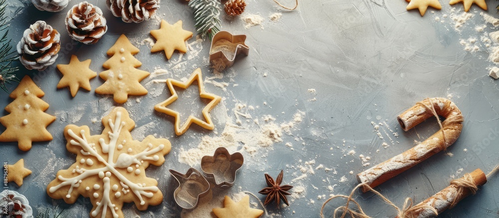 Poster creating christmas cookies with raw dough and cutters on a grey table with room for text in a flat l
