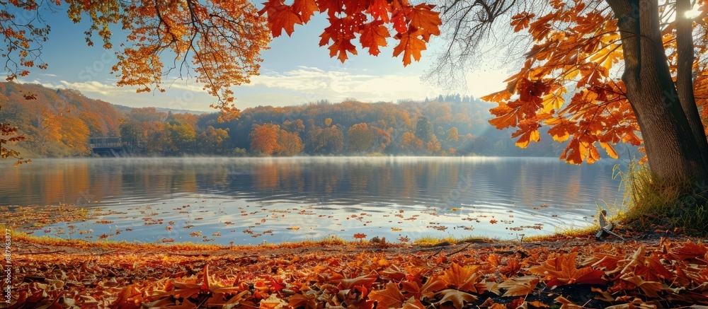 Aufkleber autumn leaves blanket the reservoir creating a scenic nature background with ample copy space image