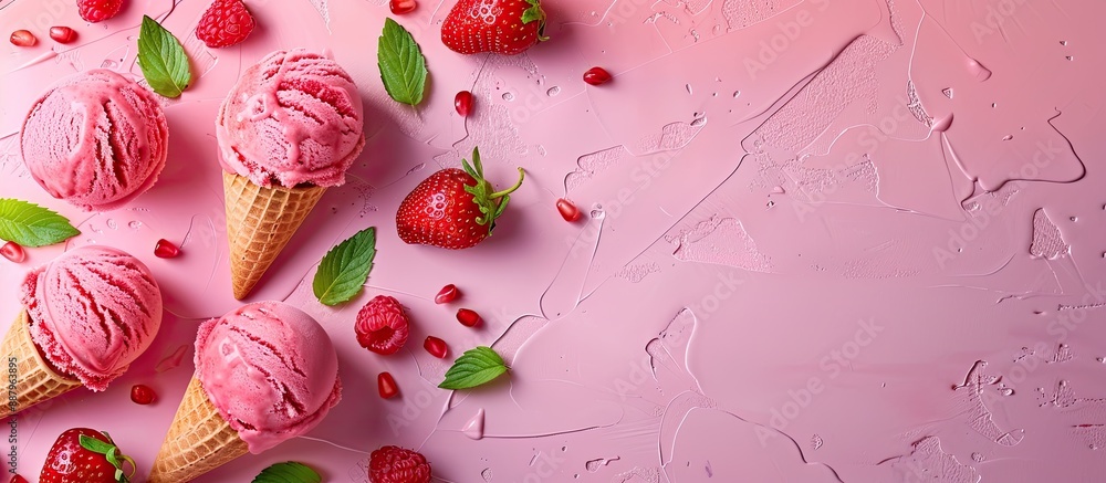 Poster the sweet menu concept features a vibrant red strawberry ice cream displayed on a soft pink backgrou