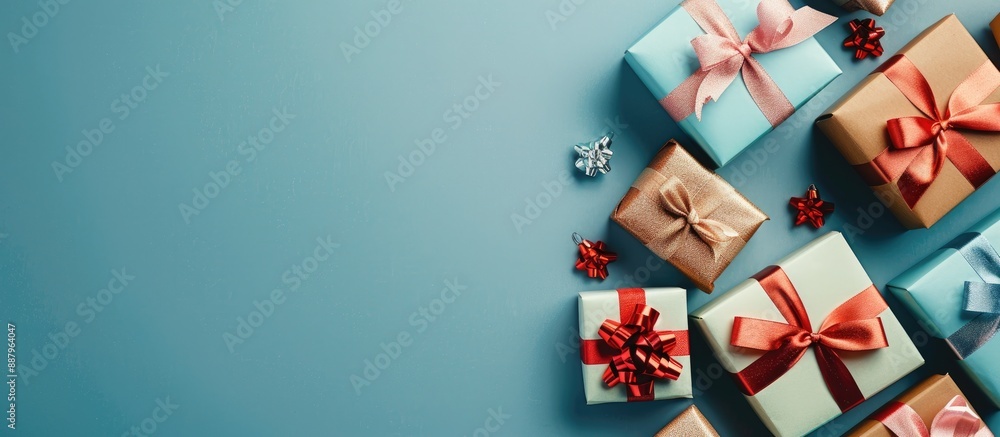 Poster gift boxes being packed on a blue surface for father s day shot from above with a clear area for tex