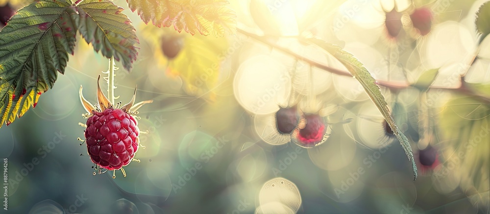 Poster a single ripe raspberry dangles from a bush branch in a copy space image of a summer setting