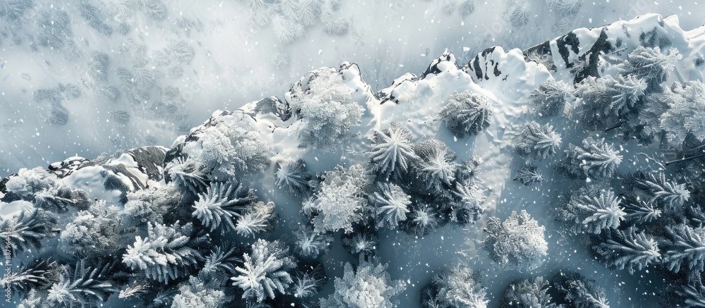 Poster aerial view of snow covered stone cliffs with pine trees in a winter landscape perfect as a copy spa