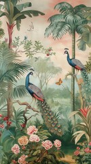 Vintage wallpaper of tropical forest in pastel palette, illustrating peacocks and cheetahs in the background, oil painting. 