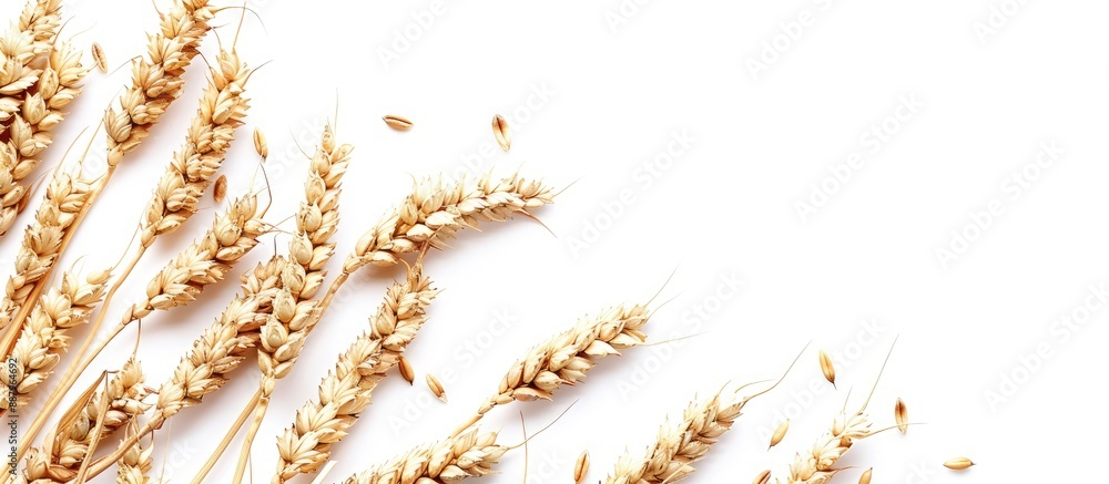 Poster isolated wheat grain against a white background with a diagonal arrangement serving as a backdrop wi