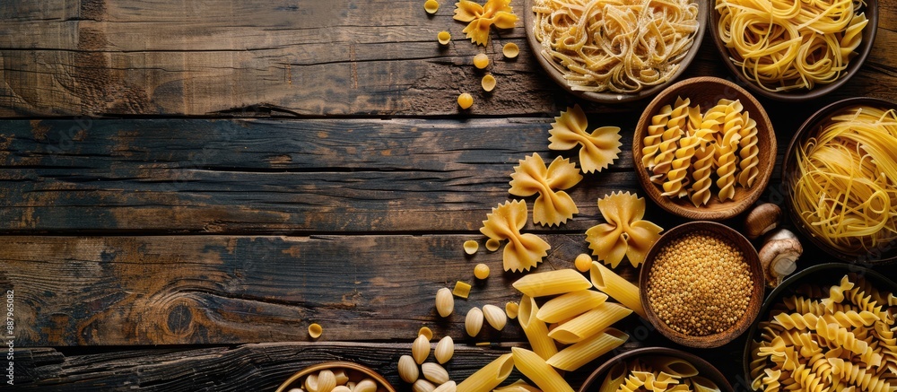 Poster different types of pasta arranged creatively on a rustic table with ingredients conveying a farm to 