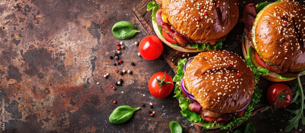 Poster irish burger with meat veggies and bacon on rustic backdrop perfect for copy space image