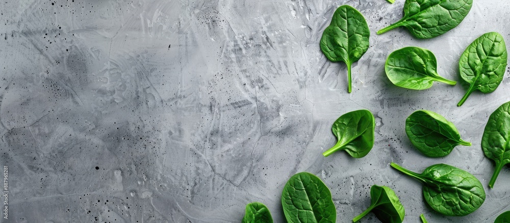 Poster top view of fresh spinach leaves on a grey concrete background with copy space image