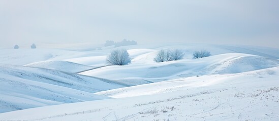 Horizontal image capturing snow dusted hills with scattered trees visible in the distance creating a serene copy space image