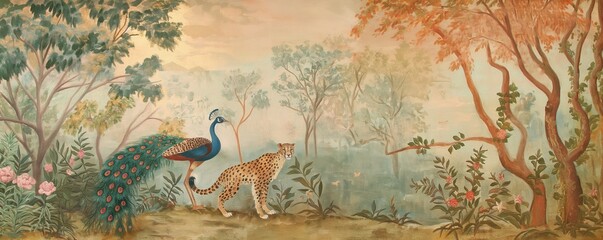 Vintage wallpaper of tropical forest in pastel palette, illustrating peacocks and cheetahs in the background, oil painting. 