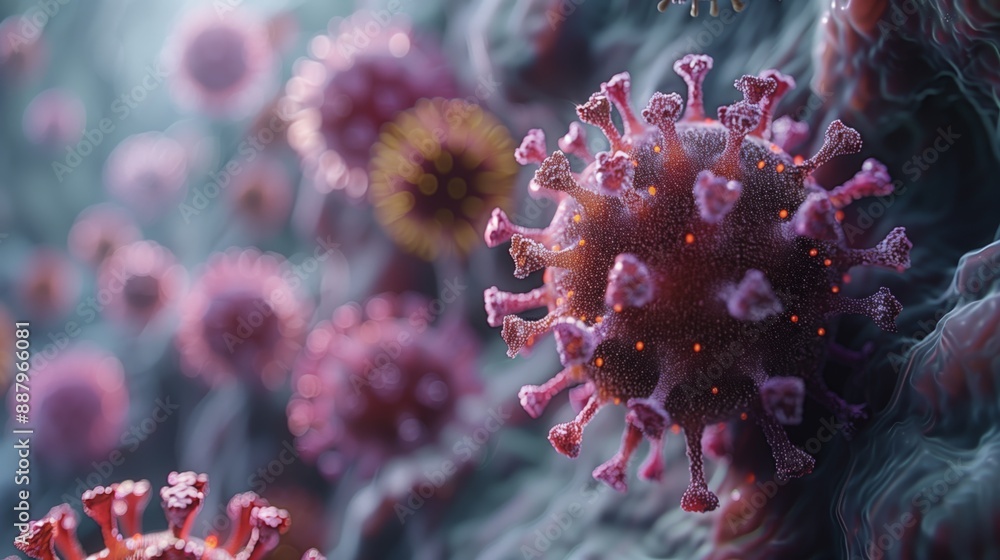 Poster a close-up animation of a virus particle, showcasing its lifecycle in intricate detail.