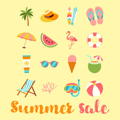 A colorful poster with various beach and summer items, including a chair, sunglasses, and a flamingo