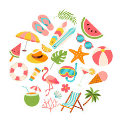 A colorful image of beach items such as a flamingo, sunglasses, and a surfboard. The image conveys a fun and relaxed atmosphere, likely associated with a day at the beach