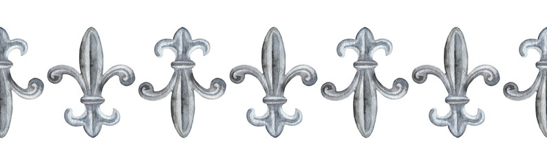 Fleur de lis isolated background illustration. Vintage heraldic. Fleur-de-lys hand drawn watercolor draw. French lily. Seamless border. Greeting, Decor, decoration, cards, posters, design © Nataliia
