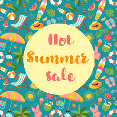 A colorful summer sale sign with beach and pool items. The sign is yellow and blue and has a round shape