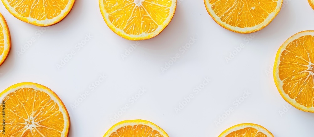 Poster fresh orange slices arranged on a white background with copy space image