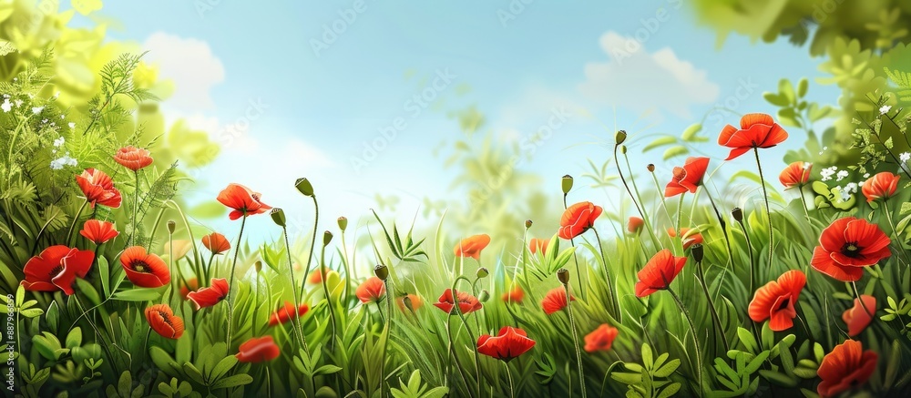 Poster sunny day field with red poppies and greenery in vertical copy space image