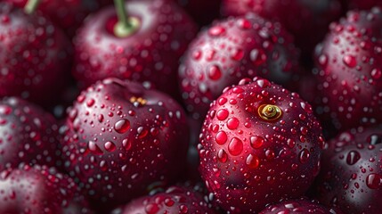 Fresh cherries, deep burgundy color, water droplets, macro photography, glistening fruit, rich texture, vibrant red hues, organic pattern, juicy appearance, summer harvest.