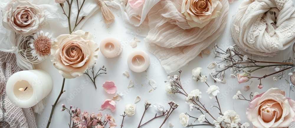 Poster top down view of a feminine work area featuring a white background adorned with roses candles textil