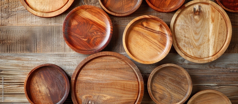 Poster wooden plates displayed on a background of wood with ample copy space image