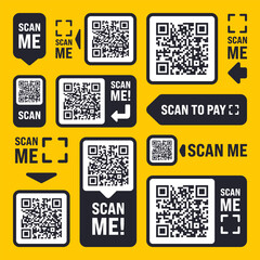 Scan me QR code sticker with text. Online payment. Special offer sale stickers, shopping discount label, promotional badge. Product serial number. Supermarket retail price tag. Vector illustration