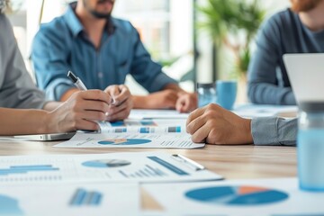 risk mitigation strategies team brainstorming solutions around evaluation table, minimalist meeting room settings, emphasizing collaboration and problem-solving in financial management