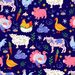 Big vector farm animals seamless pattern. Big collection with cow, sheep, turkey, rabbit, duck, hen, pig. Food for animals. Countryside, agriculture. Cute farm animal isolated on dark background