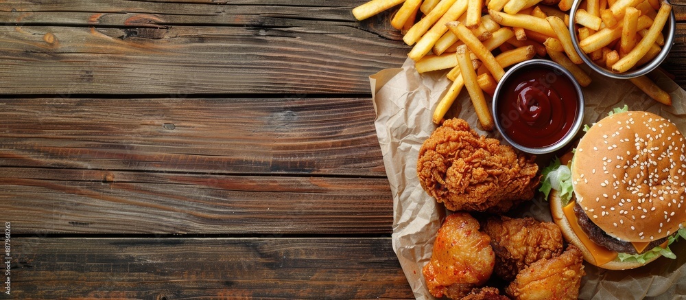 Poster a top down view of a barbecue hamburger fries and fried chicken on a wooden surface with space avail