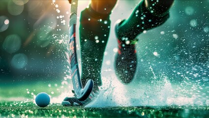A field hockey player captured in the moment of striking the ball towards the goal. The player’s determination and athleticism are in sharp focus, with the ball and stick clearly visible.