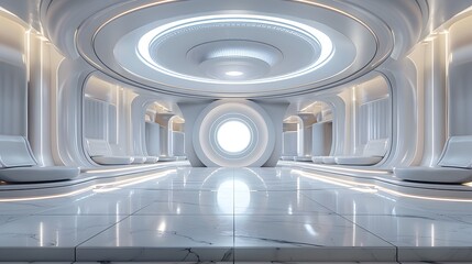 Obraz premium futuristic circular auditorium, white marble floor, curved stadium seating, giant circular ceiling light, modern stage design, sleek white interior, minimalist architecture, high-tech lighting.
