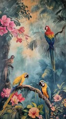Vintage wallpaper of tropical forest with pastel colors, featuring macaws and bears in the background, oil painting. 