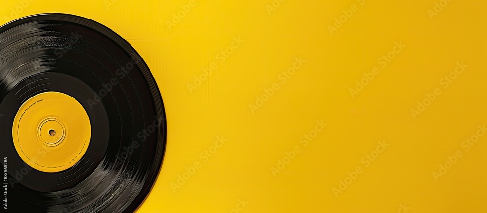 Poster top view of a classic vinyl record on a yellow backdrop with copy space image for text