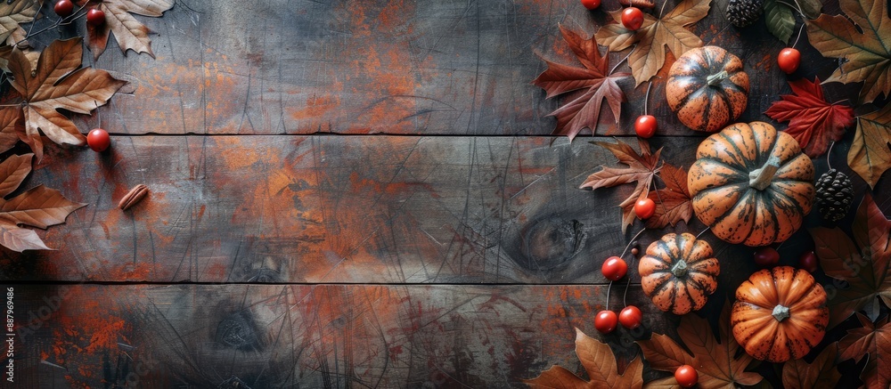 Poster rustic autumn themed background with pumpkins berries and leaves on a vintage wooden table ideal for