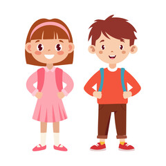 A boy and a girl are standing next to each other. The girl is wearing a pink dress and the boy is wearing a red shirt and brown pants. They both have backpacks on