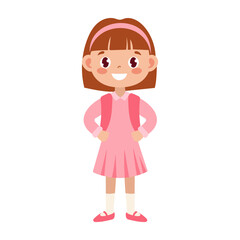 Fototapeta premium A girl in a pink dress is standing with her arms crossed. She is smiling and looking at the camera